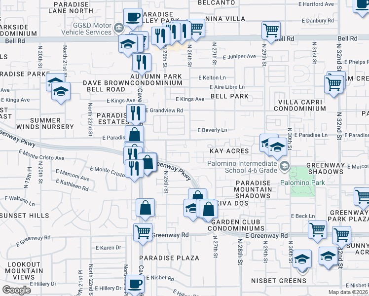 map of restaurants, bars, coffee shops, grocery stores, and more near 2514 East Paradise Lane in Phoenix