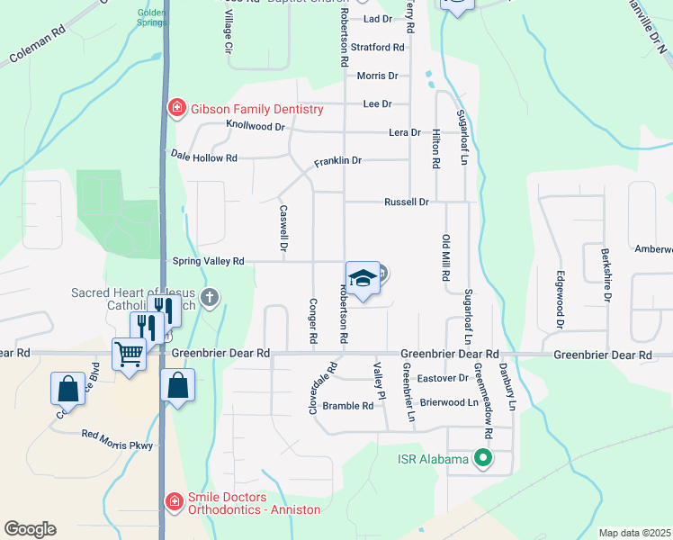 map of restaurants, bars, coffee shops, grocery stores, and more near 3800 Spring Valley Road in Anniston
