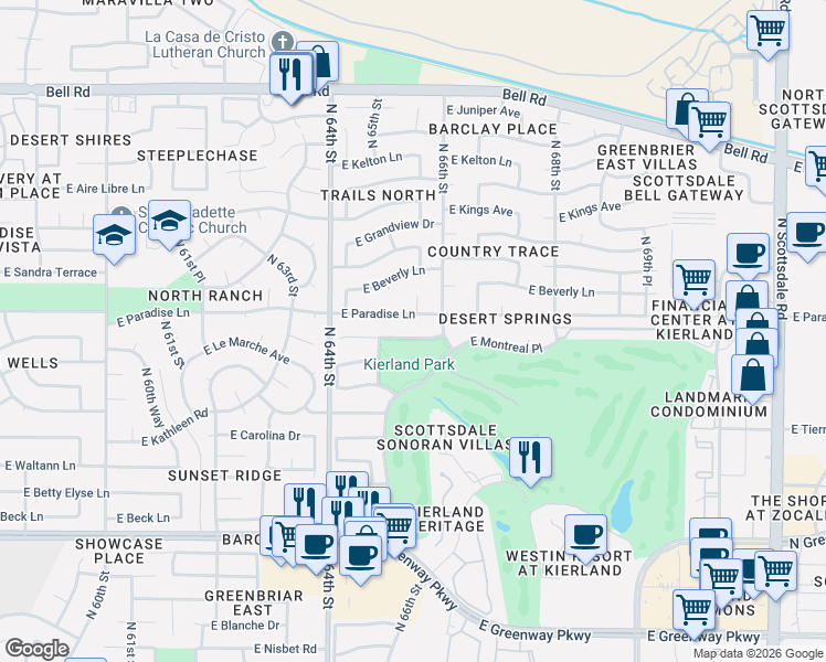 map of restaurants, bars, coffee shops, grocery stores, and more near 6547 East Paradise Lane in Scottsdale