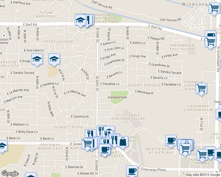 map of restaurants, bars, coffee shops, grocery stores, and more near 6507 East Paradise Lane in Scottsdale