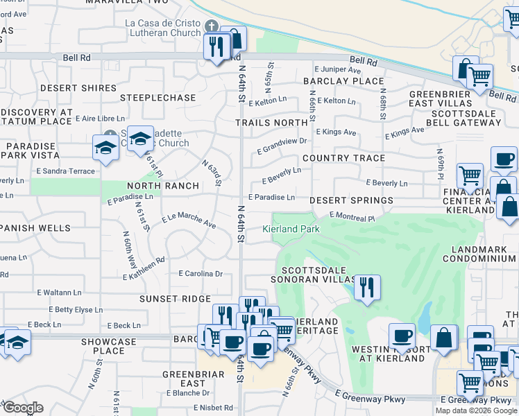 map of restaurants, bars, coffee shops, grocery stores, and more near 6425 East Paradise Lane in Scottsdale