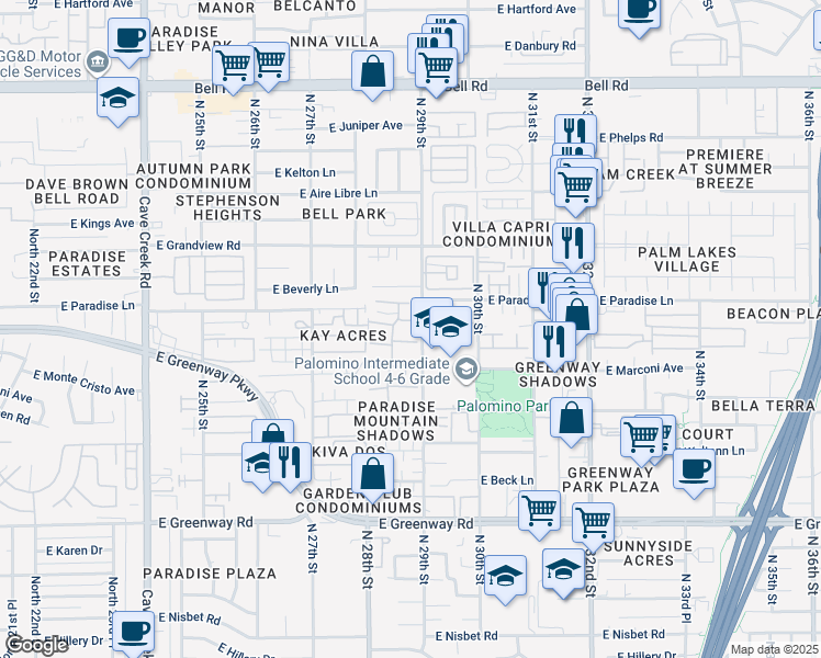 map of restaurants, bars, coffee shops, grocery stores, and more near 2844 East Le Marche Avenue in Phoenix