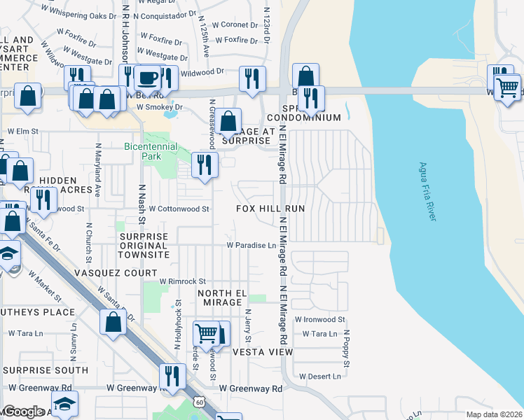 map of restaurants, bars, coffee shops, grocery stores, and more near 12321 West Tami Lane in Surprise