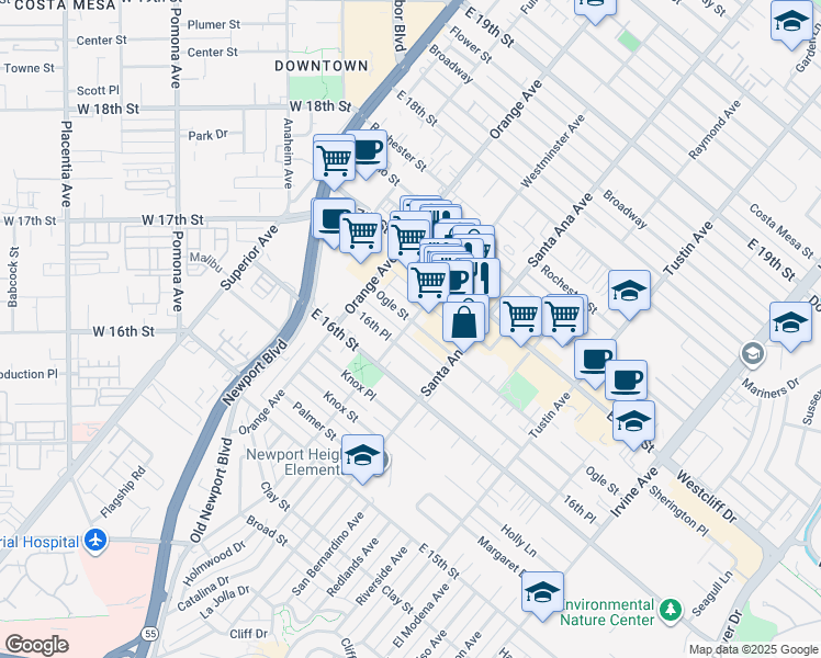 map of restaurants, bars, coffee shops, grocery stores, and more near 250 Ogle Street in Costa Mesa