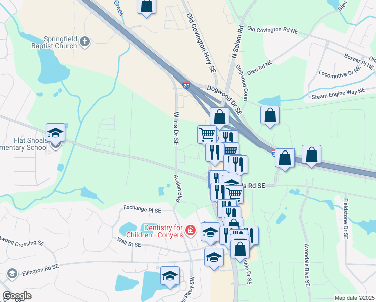 map of restaurants, bars, coffee shops, grocery stores, and more near 2183 Salem Road Southeast in Conyers