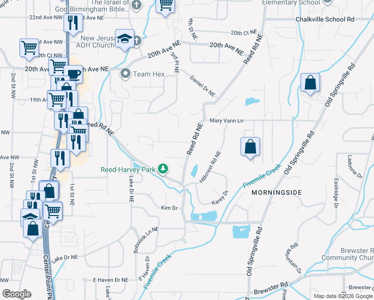 map of restaurants, bars, coffee shops, grocery stores, and more near 311 18th Avenue Northeast in Center Point