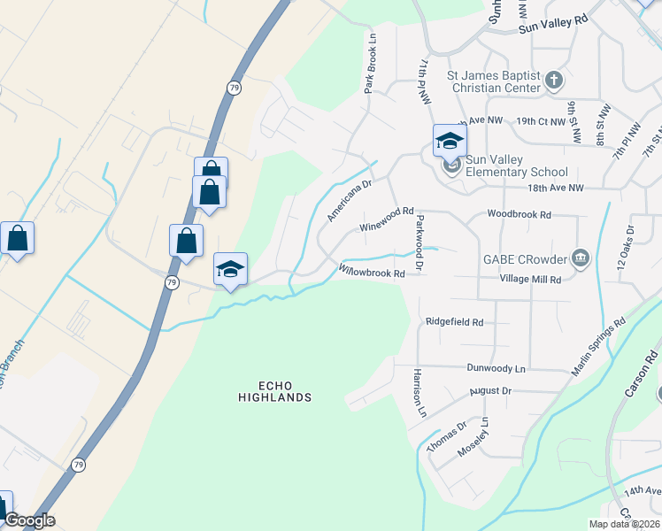 map of restaurants, bars, coffee shops, grocery stores, and more near 1048 Willowbrook Road in Birmingham