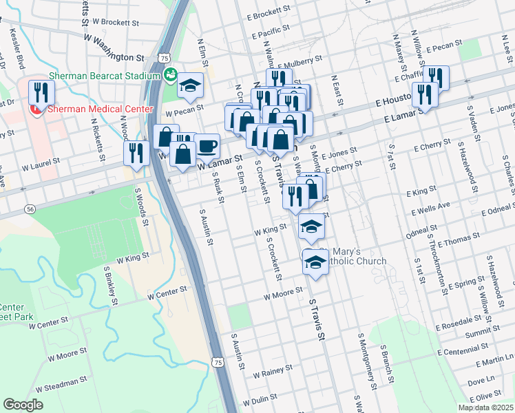 map of restaurants, bars, coffee shops, grocery stores, and more near 413 South Elm Street in Sherman