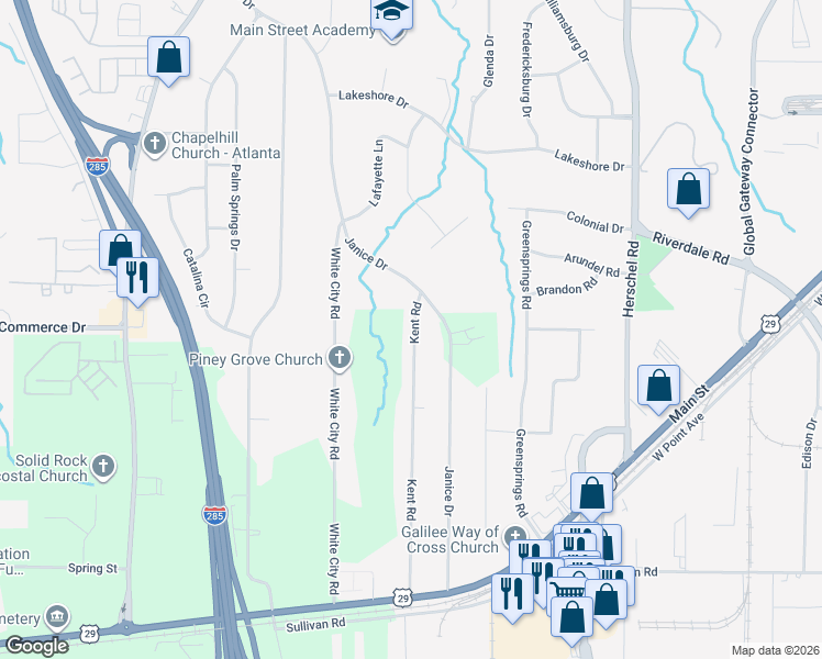 map of restaurants, bars, coffee shops, grocery stores, and more near 4475 Kent Road in College Park