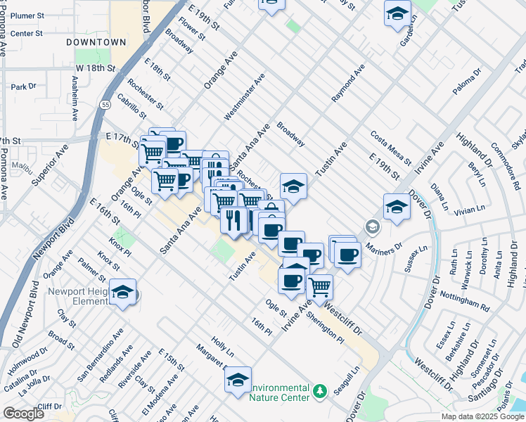 map of restaurants, bars, coffee shops, grocery stores, and more near 5 Tustin Avenue in Newport Beach