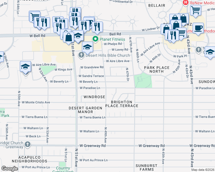 map of restaurants, bars, coffee shops, grocery stores, and more near 4857 West Beverly Lane in Glendale