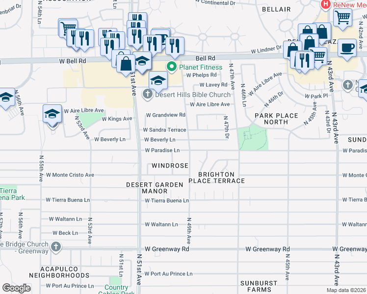 map of restaurants, bars, coffee shops, grocery stores, and more near 4857 West Beverly Lane in Glendale