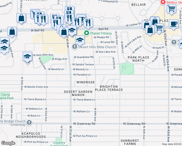 map of restaurants, bars, coffee shops, grocery stores, and more near 4939 West Beverly Lane in Glendale