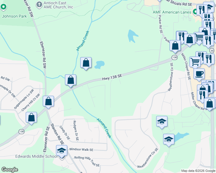map of restaurants, bars, coffee shops, grocery stores, and more near 2116 Amherst Trail Southeast in Conyers