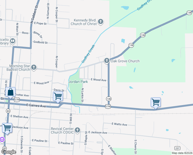 map of restaurants, bars, coffee shops, grocery stores, and more near 419 North Speer Street in Monticello