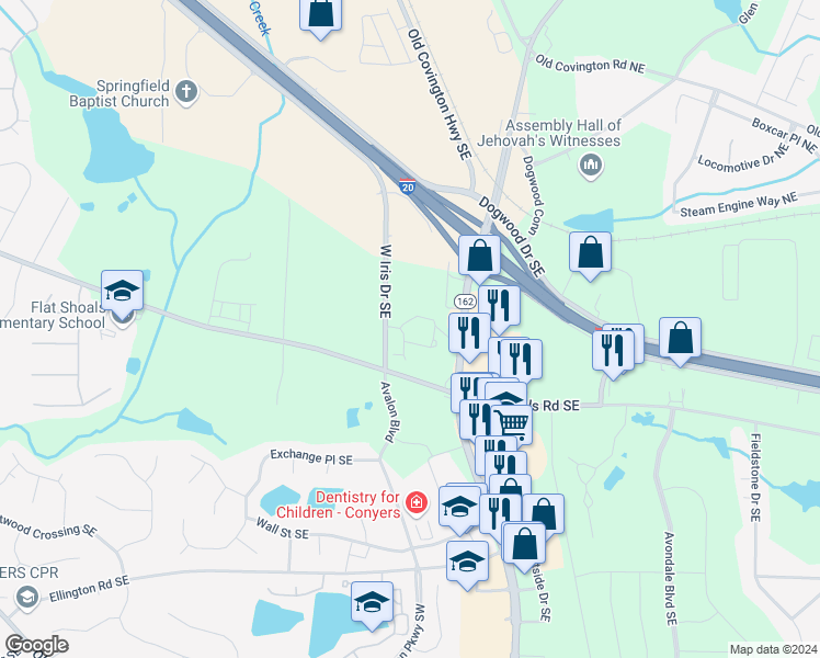 map of restaurants, bars, coffee shops, grocery stores, and more near 2100 West Iris Drive in Conyers