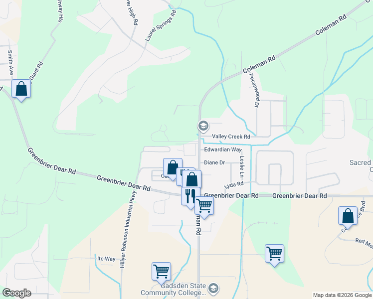 map of restaurants, bars, coffee shops, grocery stores, and more near 2320 Coleman Road in Anniston