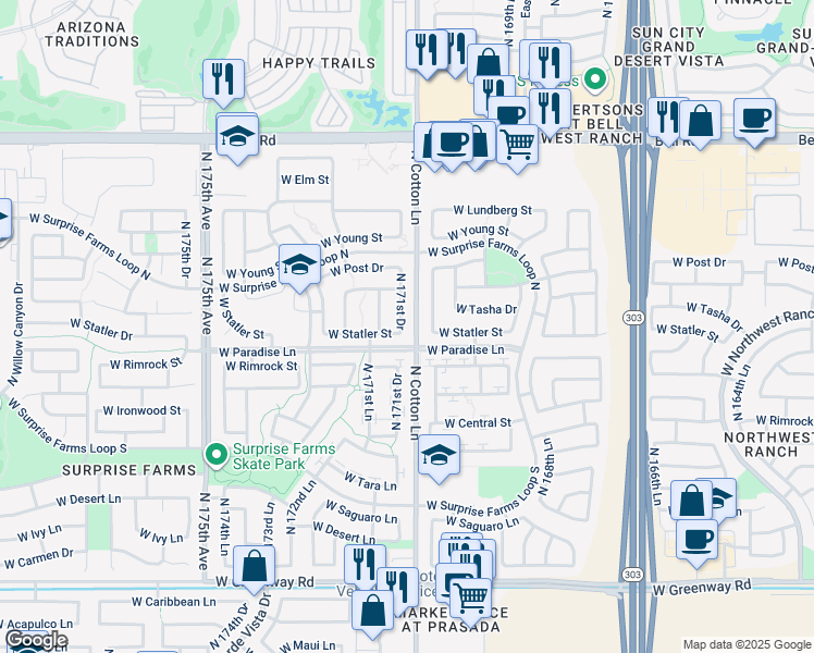 map of restaurants, bars, coffee shops, grocery stores, and more near 16321 North 171st Drive in Surprise