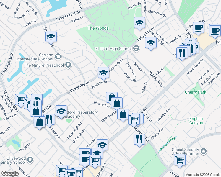 map of restaurants, bars, coffee shops, grocery stores, and more near 24982 Rivendell Drive in Lake Forest