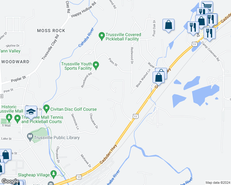 map of restaurants, bars, coffee shops, grocery stores, and more near 5599 Parkwood Circle in Trussville