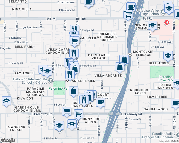map of restaurants, bars, coffee shops, grocery stores, and more near 16005 North 32nd Street in Phoenix