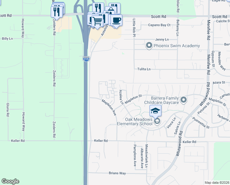 map of restaurants, bars, coffee shops, grocery stores, and more near 33573 Azalea Lane in Murrieta