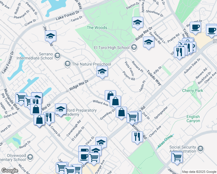 map of restaurants, bars, coffee shops, grocery stores, and more near 24982 Rivendell Drive in Lake Forest