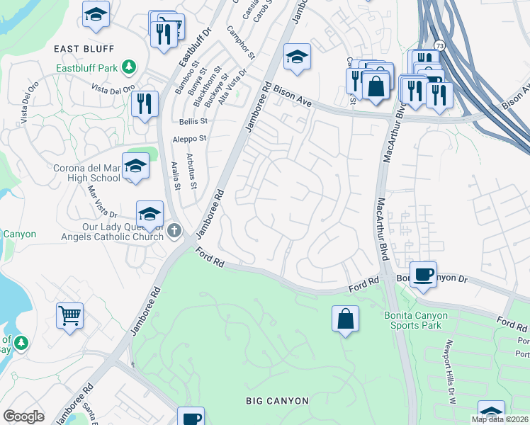 map of restaurants, bars, coffee shops, grocery stores, and more near 7 Vintage Drive in Newport Beach
