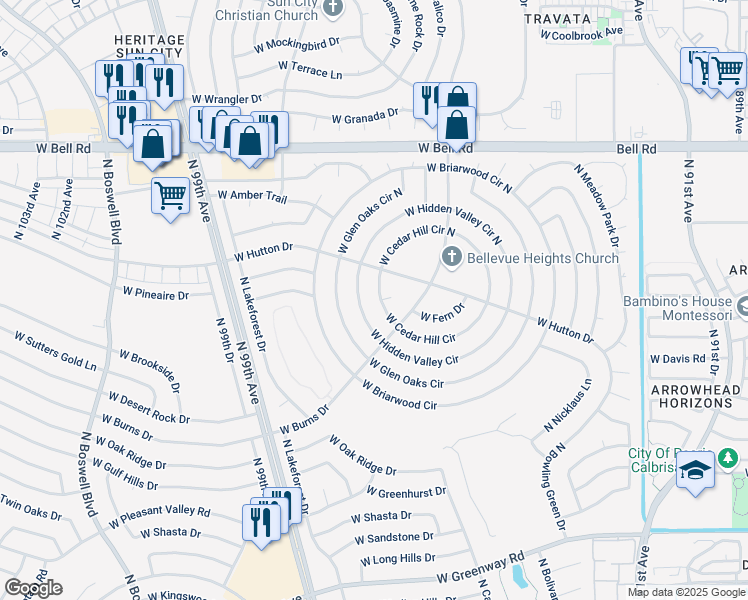 map of restaurants, bars, coffee shops, grocery stores, and more near 9530 West Cedar Hill Circle in Sun City