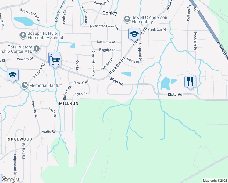 map of restaurants, bars, coffee shops, grocery stores, and more near 1685 Slate Road in Conley