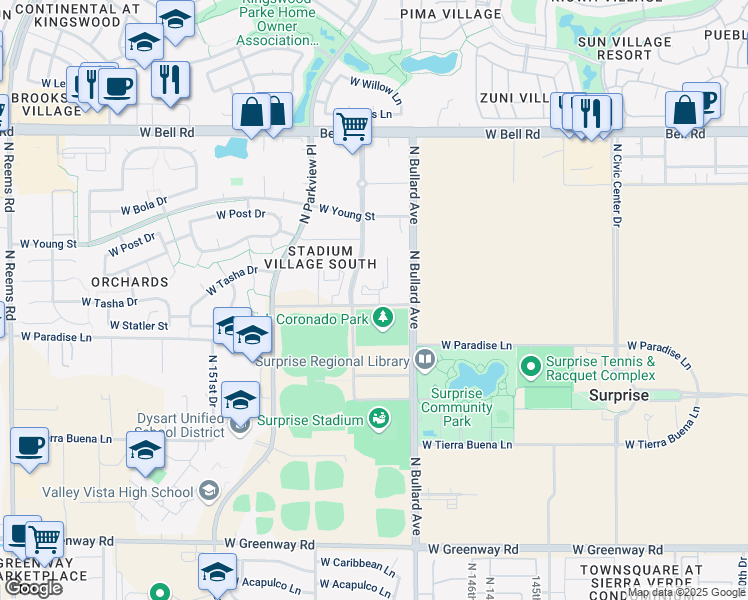 map of restaurants, bars, coffee shops, grocery stores, and more near 17 West Paradise Lane in Surprise