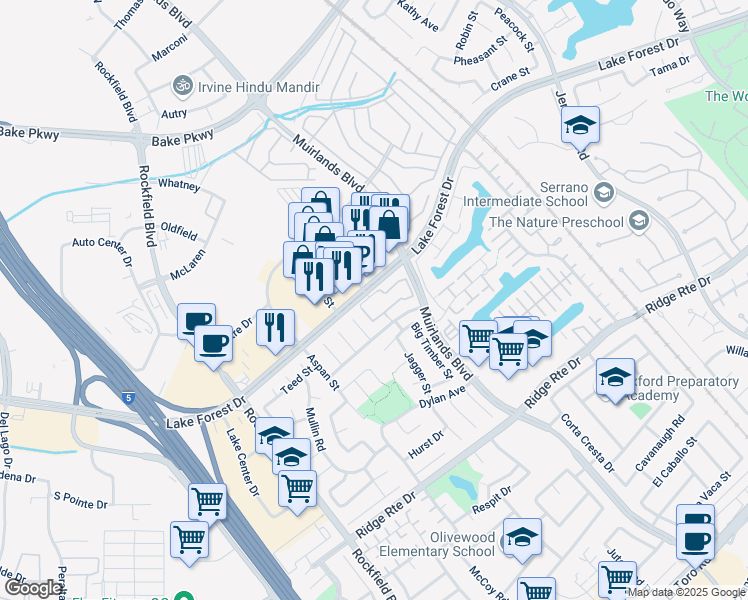 map of restaurants, bars, coffee shops, grocery stores, and more near 22700 Lake Forest Drive in Lake Forest