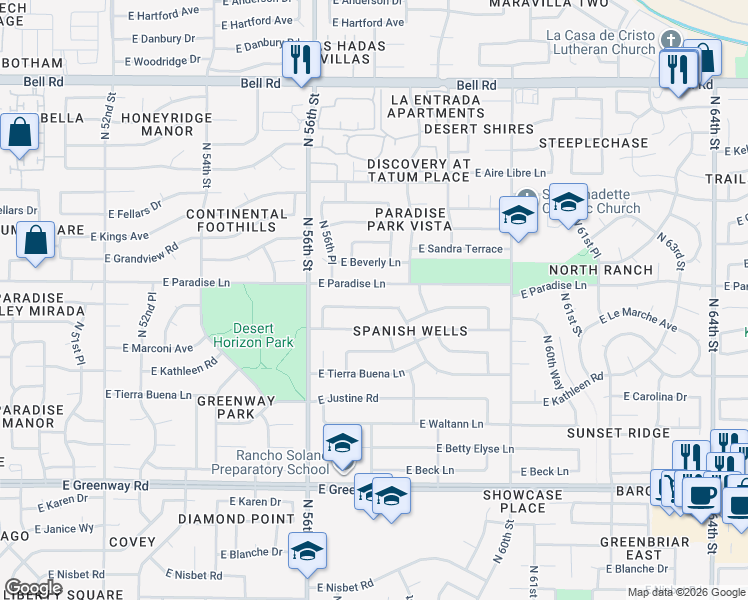 map of restaurants, bars, coffee shops, grocery stores, and more near 5731 East Paradise Lane in Scottsdale