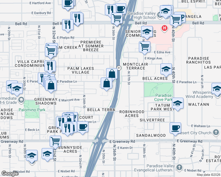 map of restaurants, bars, coffee shops, grocery stores, and more near 3337 East Carol Ann Way in Phoenix