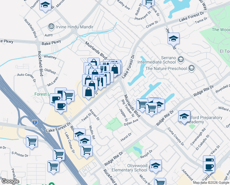 map of restaurants, bars, coffee shops, grocery stores, and more near 22706 Lake Forest Drive in Lake Forest