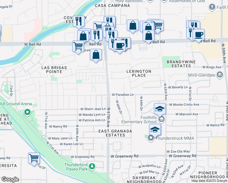 map of restaurants, bars, coffee shops, grocery stores, and more near 16143 North 67th Avenue in Glendale