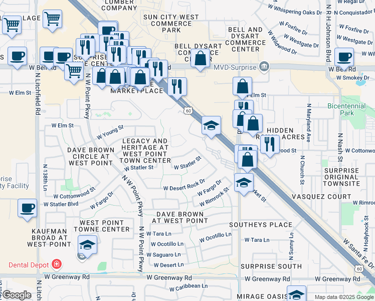 map of restaurants, bars, coffee shops, grocery stores, and more near 13319 West Post Drive in Surprise