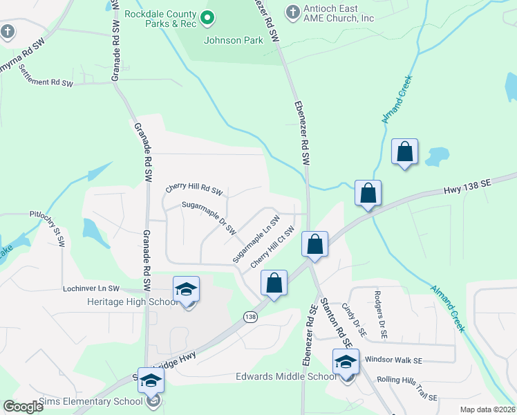 map of restaurants, bars, coffee shops, grocery stores, and more near 1589 Cherry Hill Lane Southwest in Conyers