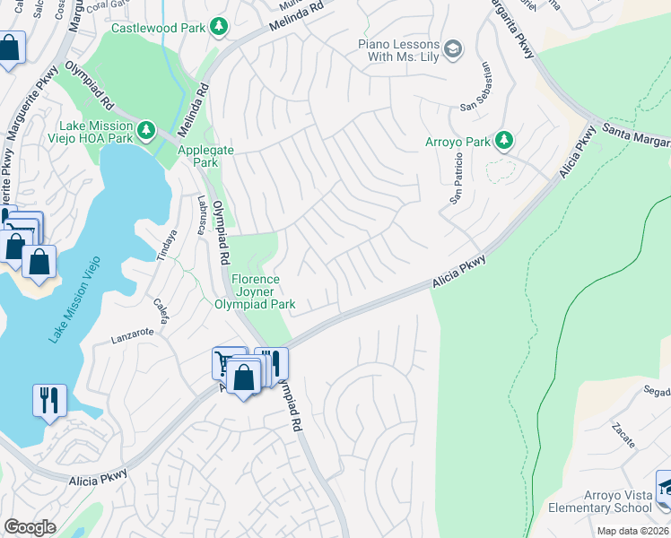 map of restaurants, bars, coffee shops, grocery stores, and more near 22701 Foxridge in Mission Viejo