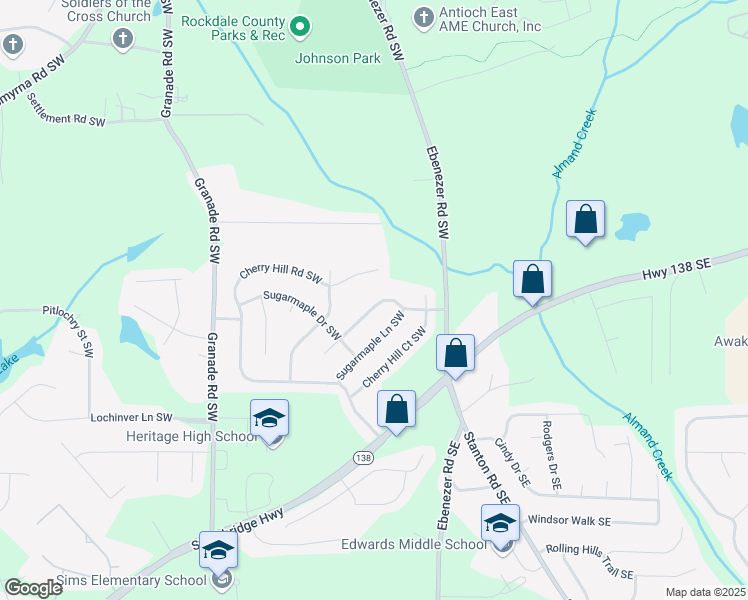 map of restaurants, bars, coffee shops, grocery stores, and more near 1593 Cherry Hill Lane Southwest in Conyers