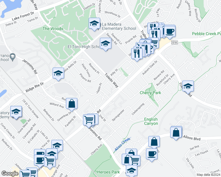 map of restaurants, bars, coffee shops, grocery stores, and more near 22701 Via Castilla in Lake Forest
