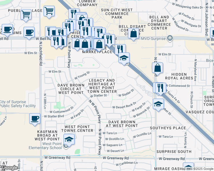 map of restaurants, bars, coffee shops, grocery stores, and more near 13435 West Post Drive in Surprise