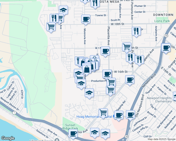 map of restaurants, bars, coffee shops, grocery stores, and more near 1602 Monrovia Avenue in Newport Beach