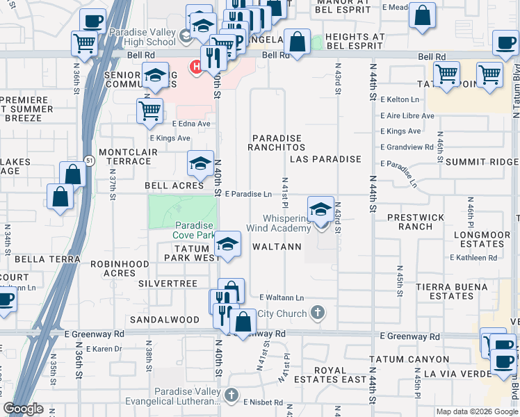 map of restaurants, bars, coffee shops, grocery stores, and more near 4111 East Paradise Lane in Phoenix