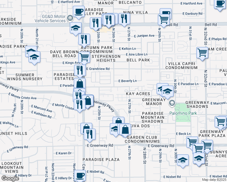 map of restaurants, bars, coffee shops, grocery stores, and more near 16116 North 26th Place in Phoenix