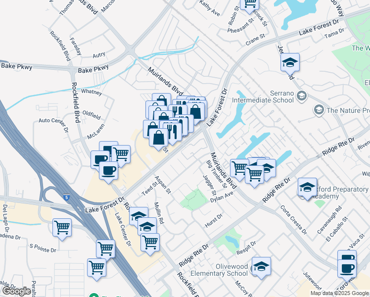 map of restaurants, bars, coffee shops, grocery stores, and more near 22700 Lake Forest Drive in Lake Forest