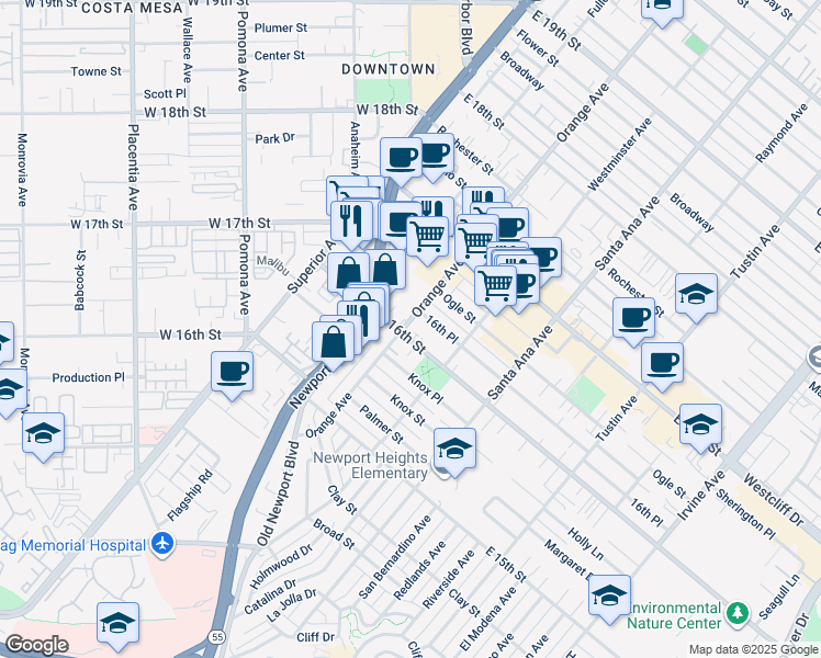 map of restaurants, bars, coffee shops, grocery stores, and more near 1612 Orange Avenue in Costa Mesa