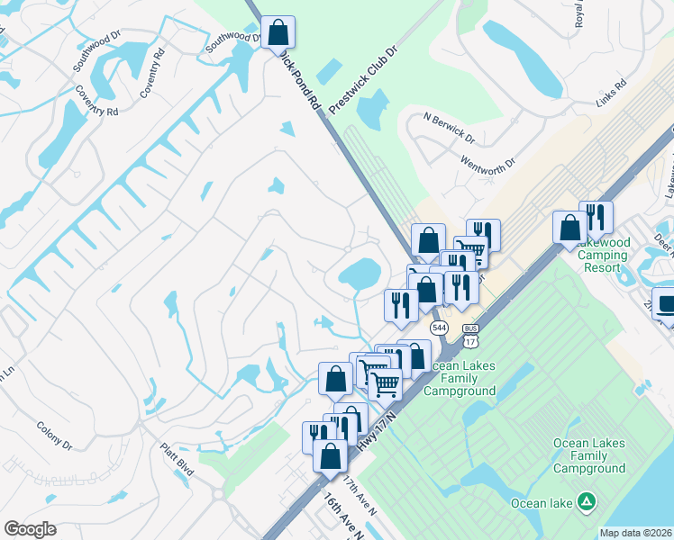 map of restaurants, bars, coffee shops, grocery stores, and more near 1809 Lake View Circle in Myrtle Beach