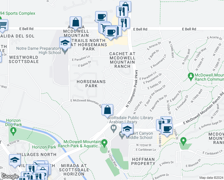 map of restaurants, bars, coffee shops, grocery stores, and more near 16356 North Thompson Peak Parkway in Scottsdale