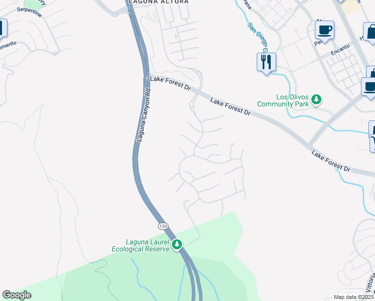 map of restaurants, bars, coffee shops, grocery stores, and more near 107 Aster Mesa in Irvine